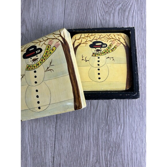Vintage Hand Painted Wood Paper Mache Lacquered Coaster Set Winter Snowman READ - Picture 3 of 9
